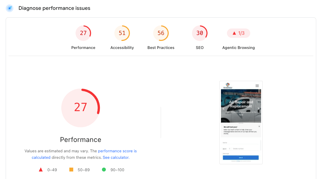 Google PageSpeed Insights report showing poor scores before rebuild: 27 Performance, 51 Accessibility, 56 Best Practices, 30 SEO